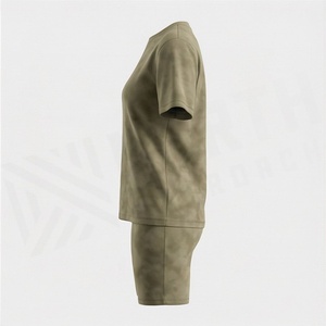 Ensemble 2 pièces pour femmes, t-shirt à manches courtes en tricot uni et short au-dessus du genou, col rond, respirant, vêtements de sport décontractés - Product Image 3
