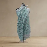 Sarong en coton imprimé à la main motif floral bleu aqua, bordure rayée, léger, écharpe de plage, 1 pièce, logo avant, pour femme