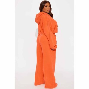 <b>Women's</b> Orange Hooded Cropped Hoodie Wide Leg Pants Tracksuit <b>Set</b> Printed Solid Acid Wash Distressed Ripped Casual Oversized - Product Image 2