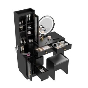 Modern Teak <b>Makeup</b> Vanity Table Set with LED <b>Mirror</b> Retractable Dressing Power Outlets 3 Light Colors Side Cabinet - Product Image 3