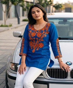 Kurta Azul de Algodón con Bordado Naranja, Blusa Informal Holgada Tradicional para Mujer, Estilo India Pakistán, BLUESTAR- BS...159- 85418 - Product Image 1