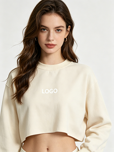 Sudadera Corta con Capucha para Mujer, Color Beige, de Felpa, Hombros Caídos, Manga Larga, Transpirable, con Logotipo Frontal - Product Image 6