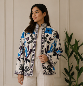 Vintage <b>Jacket</b> Cotton Blue Floral Print <b>White</b> Base Hand Embroidered Look Boho Statement Jaipuri Coat <b>Women</b> Outerwear Boutique - Product Image 5