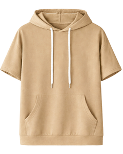 Sudadera con Capucha Beige Personalizada de Manga Corta para Hombre, Estilo Casual, Ligera, de Verano, con Bolsillos, Mezcla de Algodón - Product Image 1
