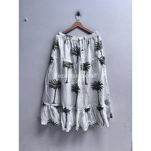 Women's Bohemian Palm Tree Print A-Line <b>Skirt</b> Elastic Waist Ruffles Mid-Calf <b>Chiffon</b> Summer <b>Skirt</b> - Product Image 1