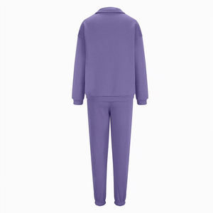 Conjunto de Sudadera con Media Cremallera y Pantalones Deportivos para Mujer, Color Morado Sólido, Tejido de Punto, Mezcla de Algodón, Manga Larga, Ropa Casual de Otoño - Product Image 3