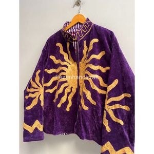 Purple <b>Velvet</b> Mandarin Collar <b>Jacket</b> Full Sleeve Hand Embroidered Geometric Pattern Winter <b>Women's</b> Wear Overcoat - Product Image 2
