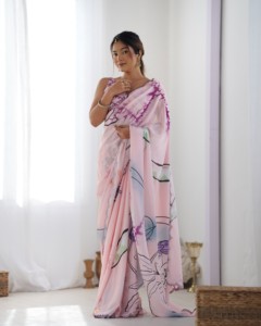 Pink Digital Printed Heavy Chinnon Saree With Floral Design For Women <b>Wedding</b> Wear Print Work with Beautiful Kutchi Work Mirror - Product Image 4