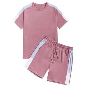 <b>Men's</b> Summer Casual T-<b>Shirt</b> and Shorts Set Color Blocking Crew Neck Breathable Knitted Sportswear <b>Pink</b> with White Stripes - Product Image 4