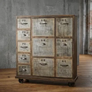 Industrial Wooden Iron Cabinet <b>on</b> <b>Wheels</b> Vintage Rolling Storage <b>Chest</b> 11 <b>Drawer</b> Rustic Metal Filing Organizer Furniture - Product Image 1