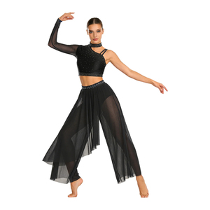 Costume de danse lyrique de style moderne, haut court à une épaule orné de strass brillants avec jupes en maille, justaucorps pour ballet et patinage - Product Image 2