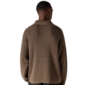 Men Heavy Washed Rib Knit Polo Sweater <b>Brown</b> <b>Long</b> <b>Sleeve</b> Soft Textured Pullover Casual Winter <b>Top</b> Cotton Blend OEM - Product Image 4