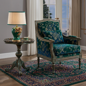 Fauteuil classique de luxe avec table d'appoint, structure en bois massif sculpté, <span class=keywords><strong>chaise</strong></span> d'appoint rembourrée pour projets de villas, hôtels et salons - Product Image 5