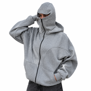 Sudadera con capucha doble personalizada para mujer, con cremallera, de poliéster y algodón, informal, con máscara facial integrada y ajuste holgado - Product Image 1