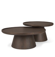 Ensemble de deux tables basses en bois de manguier massif, finition brun foncé, avec base de style tambour et plateau de style plateau, meubles de salon