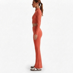 Ensemble de vêtements de sport pour homme, haut court à manches longues avec fermeture éclair, pantalon évasé taille haute, vêtements de yoga, de gym, de course à pied, de sport, hiver, 100% coton - Product Image 2