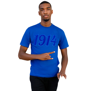 Camiseta de chenilla azul sólido 1914 para hombre, con letras griegas, ropa premium para fraternidad, manga corta, corte clásico, uso casual - Product Image 1