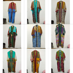 Handmade Silk Patchwork V-neck Drawstring Closure Full Length Soft Breathable Gown Lounge Wear Kimono Party Gown for Women - Product Image 1