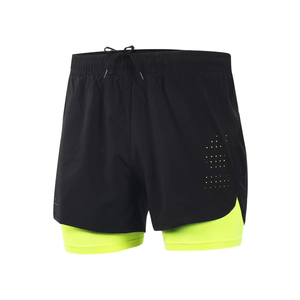 Adult Men's Black Double <b>Layer</b> Sport Shorts With Neon Green Inner Quick Dry Breathable Drawstring Waist Short Length - Product Image 4