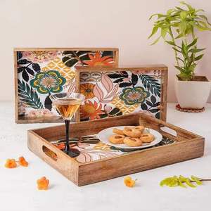 Ensemble de plateaux de service en bois avec base à motifs floraux, plateau rectangulaire pour le thé, le café, le petit-déjeuner, plateau de service décoratif pour aliments - Product Image 1