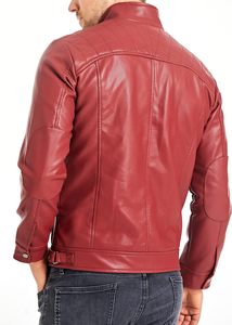 <b>Men</b> Red PU <b>Leather</b> Moto Biker <b>Jacket</b> Zipper Front Stand Collar Slim Fit Solid Color Regular Sleeve Autumn Style - Product Image 4