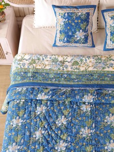 Traditional Blue Floral <b>Quilted</b> <b>Bedding</b> Set 100% Cotton Handmade All-Season Home Decor - Product Image 5