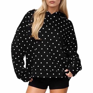 Sweat-shirt à capuche marron à pois pour femme, coupe ample et oversize, épaules tombantes, tricoté, avec poches, pour l'automne, style décontracté - Product Image 5