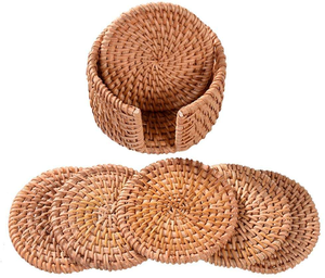 Sous-verres et sets de table en rotin tressé faits main, antidérapants, pour 6 tasses, tasses à thé et réchauds - Product Image 1