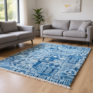 Alfombra de viscosa y lana anudada a mano, de pelo bajo y esponjosa, con motivo de pueblo azul, para sala de estar moderna - Product Image 1
