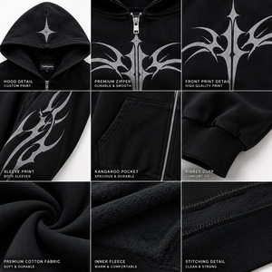 Sweat à capuche zippé personnalisé avec logo, effet délavé, noir, motif géométrique vintage, coton 350 g/m², hiver, poche avant, coupe classique, homme, service OEM - Product Image 4
