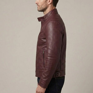 Veste en cuir de motard élégante pour homme, en cuir véritable, fermeture éclair intégrale, col montant, plusieurs poches, doublure douce - Product Image 6