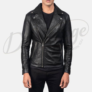 Chaqueta de Motero de Cuero Genuino Negro Premium para Hombre - Chaqueta de Doble Capa de Piel de Oveja Genuina de Corte Ajustado con Cierre de Cremallera Asimétrico - Product Image 1