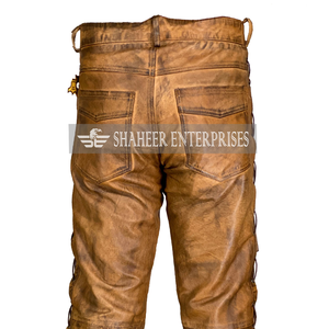 กางเกงขายส่งสำหรับผู้ชาย ดีไซน์เนอร์ สีน้ำตาล หนังแท้เนื้อนุ่ม กระเป๋าซิปแบบสั่งทำ ทรงตรง สไตล์ไบค์เกอร์ สำหรับฤดูหนาว ติดกระดุม - Product Image 3