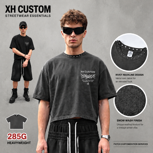 Vintage Washed Boxy Fit T Shirt Men Heavy <b>Weight</b> 285G Cotton Stud Collar Oversized Short Sleeve Streetwear Tee Custom OEM - Product Image 1