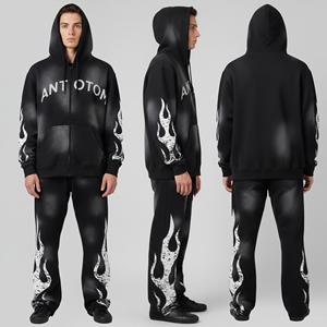 Conjunto Deportivo de Invierno para Hombre, Sudadera con Capucha y Pantalones de Algodón Grueso, Diseño Personalizado con Efecto Desgastado, Logotipo y Cordón Ajustable, Talla 2 - Product Image 1