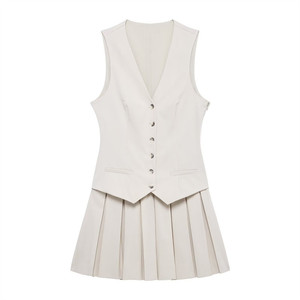 Chaleco Corto Plisado de 6 Colores, Primavera 2026, Cuello en V, Sin Mangas, Estilo Traje a Rayas con Botones Cubiertos - Product Image 3