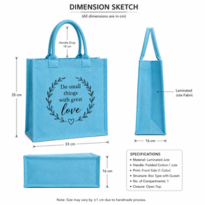 Blue Laminated Jute Shopping <b>Bag</b> With Love Print Open Top Handle <b>Medium</b> <b>Size</b> - Product Image 2