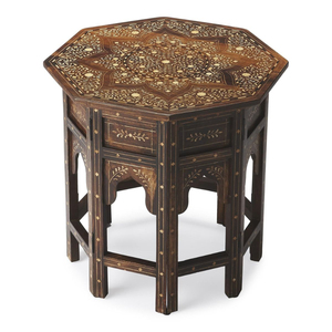 Mesa auxiliar octogonal antigua hecha a mano con incrustaciones de nácar y madera exótica, mesa de centro ocasional con diseño geométrico de mosaico. - Product Image 4