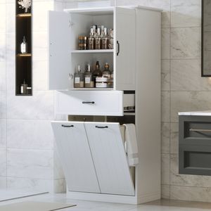 White Two-Door Bathroom <b>Storage</b> Cabinet with Drawer and <b>Laundry</b> Baskets Home Use - Product Image 1