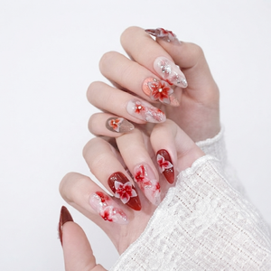 Fervent Blossom Medium Almond Nails Pre-diseñado Dedo Inspirado en chino Elegancia Suave Glam Retro Chic Borgoña Coral Desnudo - Product Image 3