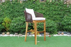 Contemporary Teak Wood Bar <b>Stool</b> With Rattan Back And Cream <b>Cushion</b> For Outdoor Use - Product Image 2