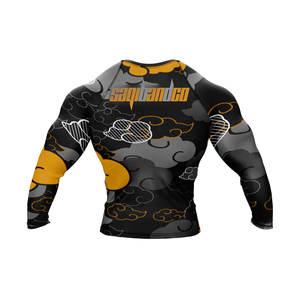 Saqibandco Rashguard Unisex Negro con Estampado de Nubes Naranjas, Ajustado, para BJJ, Spandex/Poliéster 240g, Elástico, Absorbe la Humedad, para Deportes de Combate - Product Image 2