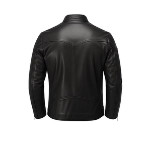Men's Black <b>Sheepskin</b> Leather Biker <b>Jacket</b> - Slim Fit Moto Coats New Fashion Solid Pattern Casual Style Front Logo - Product Image 2