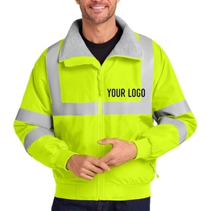 Men's Hi Vis Reflective Work <b>Jacket</b> <b>Fleece</b> <b>Lining</b> Zipper Closure Safety Clothing <b>with</b> Logo Front Green - Product Image 1