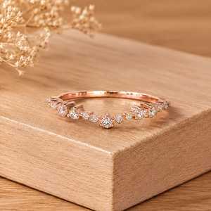 14 Round Brilliant Cut Stone Lab Grown Diamond Wedding <b>Ring</b> Band Curved Chevron <b>Stacking</b> for Parties 10k 14k 18k Solid Gold - Product Image 2