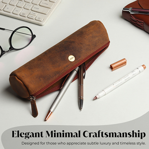 WRIZA Handcrafted Genuine Leather Solid <b>Medium</b> Vintage Brown Zipper Pen Pencil <b>Case</b> Daily Use Stationery Organizer for Office - Product Image 6
