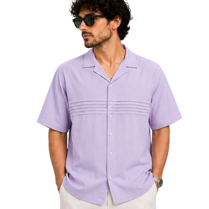 Light Purple Mens <b>Camp</b> Collar Pleated Short Sleeve Button Down Casual Summer Resort <b>Shirt</b> Custom Logo OEM Manufacturer Supplier - Product Image 1