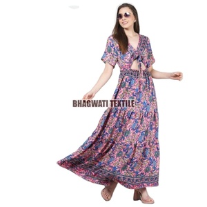 Bohemian Floral Printed Silk Women <b>Dress</b> Casual Long Indian Silk Party Wear Button Decoration Sweet Style Natural Washable - Product Image 3