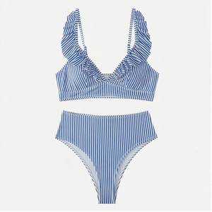 Women Cute Striped Ruffled High Cut <b>Bikini</b> <b>Set</b> Blue White Two Piece Swimwear with <b>Triangle</b> Top and Hipster Bottoms Front Logo - Product Image 1