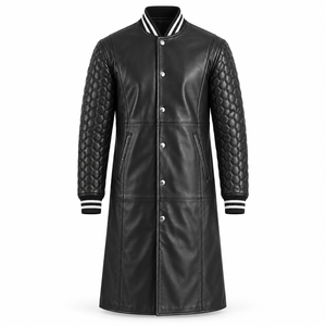 <b>Men</b> <b>Black</b> Leather <b>Long</b> <b>Coat</b> with Quilted Sleeves Snap Button Front Striped Ribbed Collar Fashion Varsity Style Winter Outerwear - Product Image 1